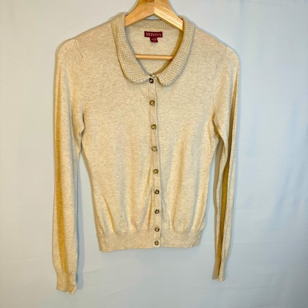 Merona Knit Tan Long Sleeve Peter Pan Gold Studded Embellished Collar Sweater XS